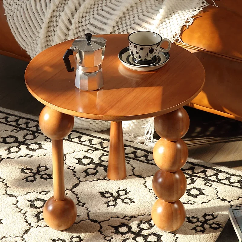 French Solid Wood Tea Table  Vintage Round Sofa Side Table with Movable Ball Legs Anti-Crack Bedroom Bedside Cabinet