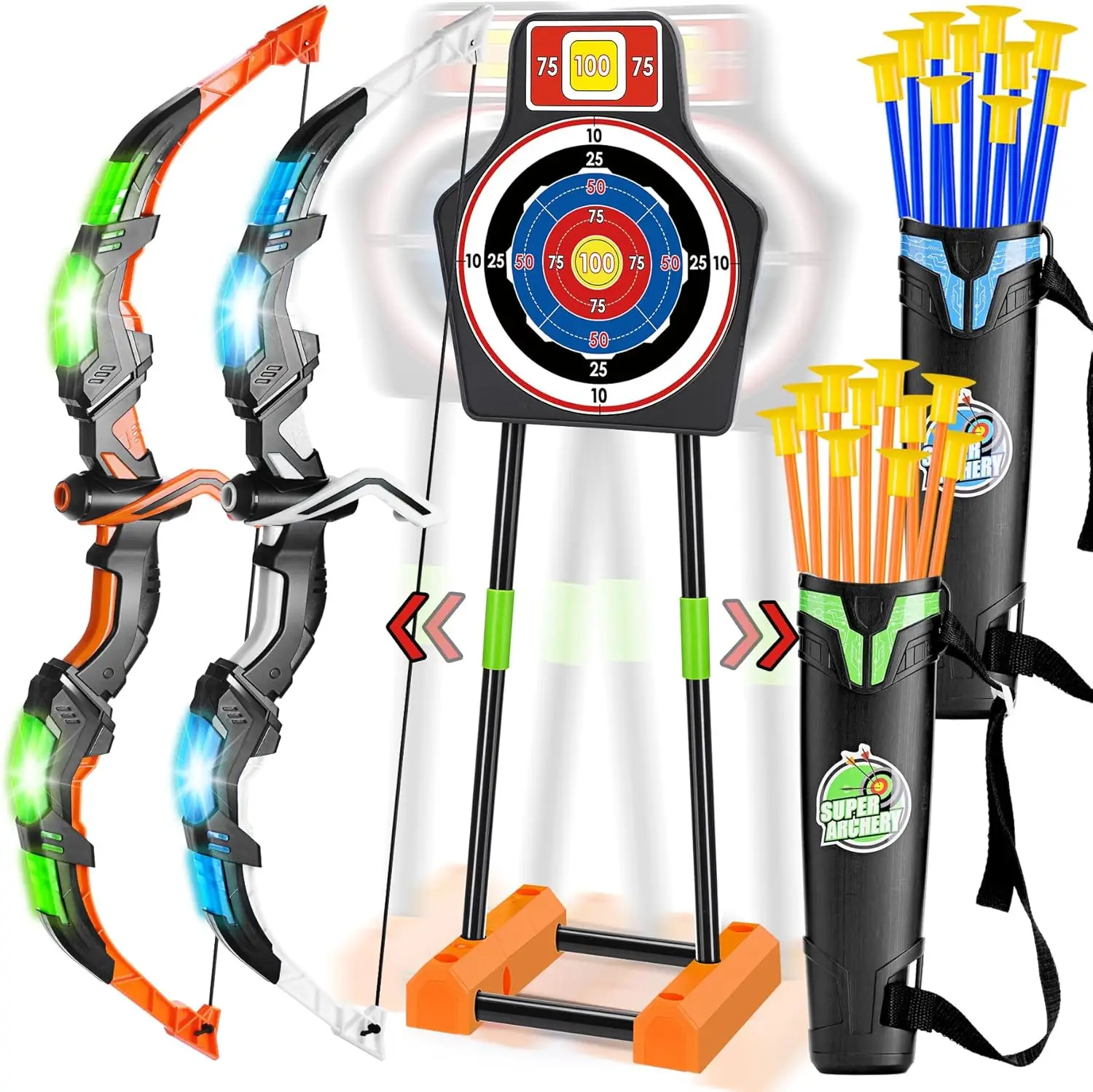 

2 Pack Bow and Arrow Set with Moving Standing Target 2 Colors 20 Suction Cup Arrows, Light Up Archery Toys