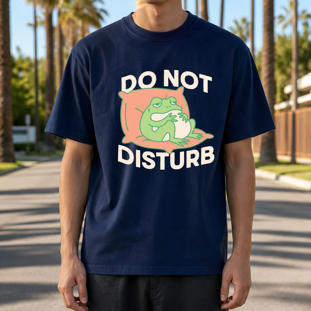 Frog On Pillow Do Not Disturb Men T-Shirt Relaxing Lounge Wear Tee Top Cute Cartoon Print Funny Home Apparel Gift for Him