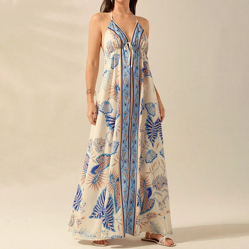 Mode Muster Gedruckt Hosenträger Kleid Sexy Backless Hohl Sommer Lange Kleider Low Cut V-ausschnitt Ärmelloses Plissee Strand Kleid