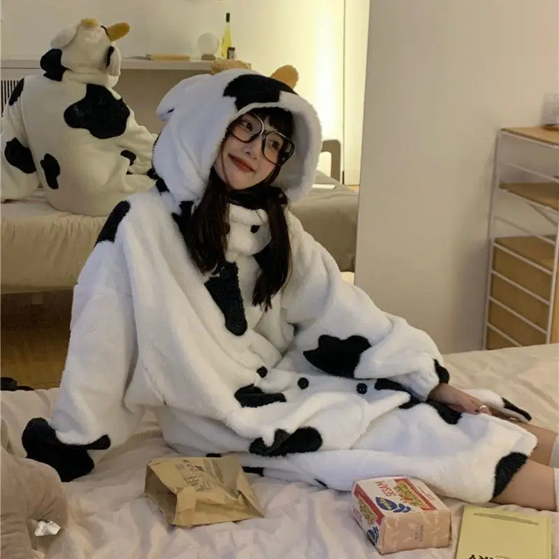 Cow Print Robe for Women Button Sleepwear Fleece Night Wears Nightdress Winter Pajama Nightgown Long Sleeve Warm Homewear