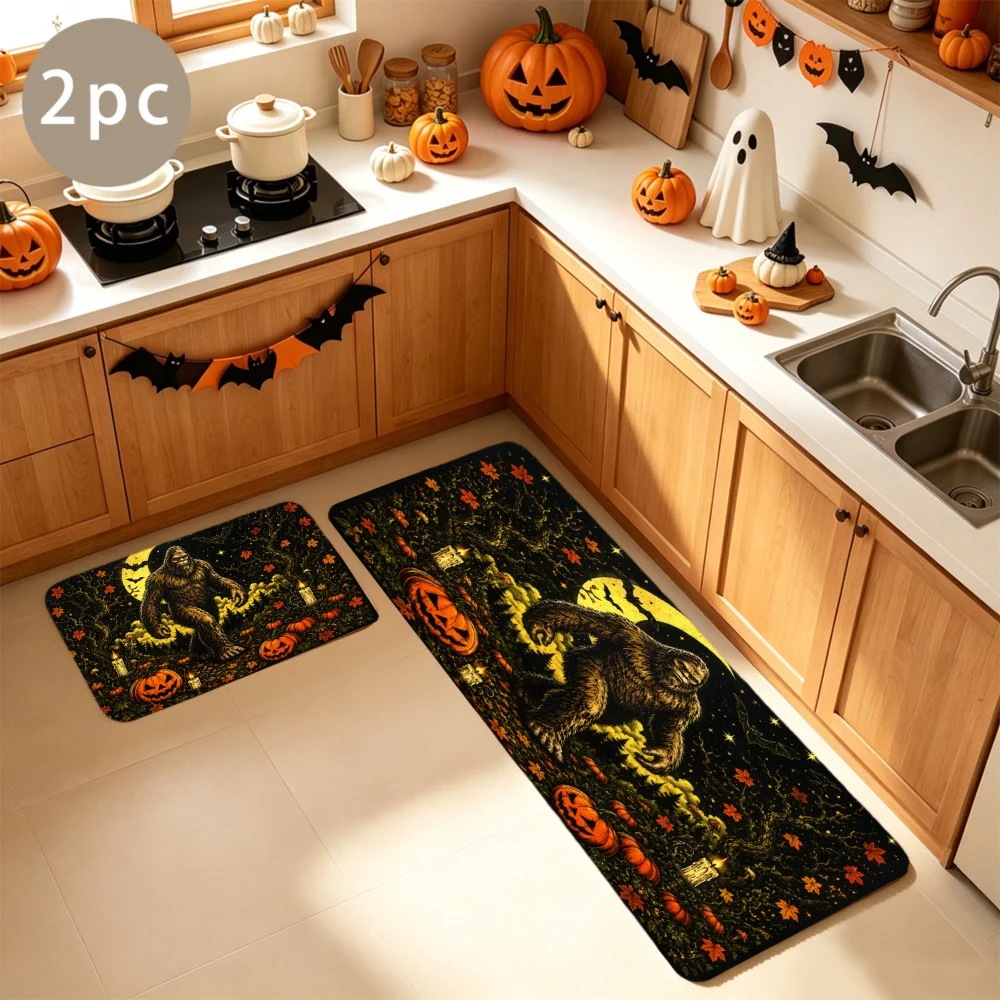 1/2/3pcs Kitchen Rugs, Welcome Door Mat Set, Home Halloween Decoration for Front Door, Kitchen, Bathroom, Halloween Witch Flying On Broomstick with Pumpkins And Leaves Dining Mat, Housewarming Party Gift.