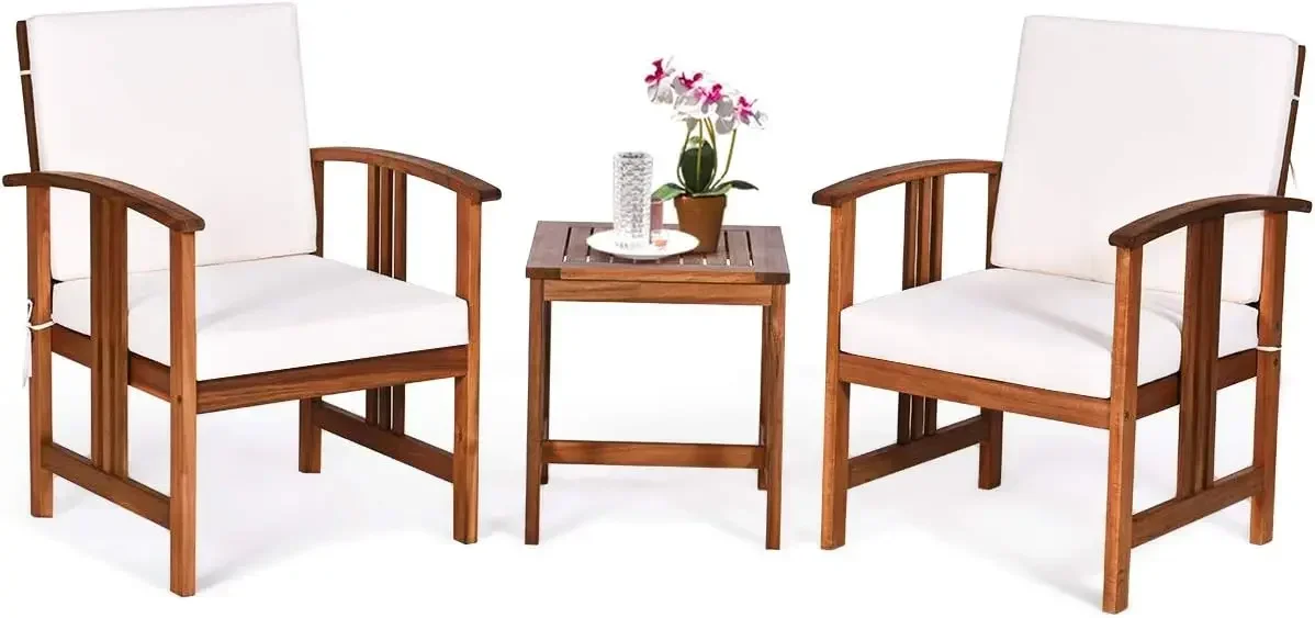 Tangkula 3 Pieces Patio Furniture Set, Includes Set of 2 Outdoor Acacia Wood Cushioned Chairs and Coffee Table,for Garden