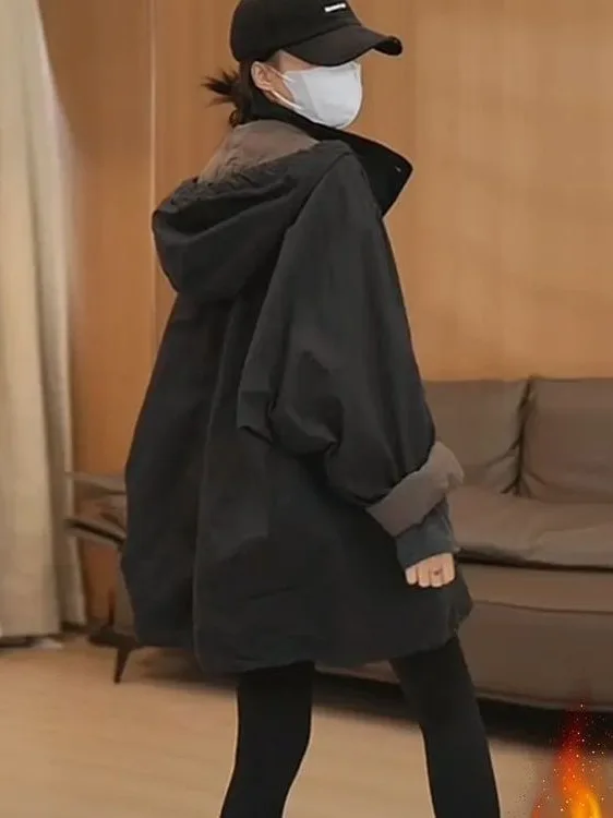 

Women's Casual Sle Loose Fit Hooded Jaet 2025 Autumn Season Long Sve Color Polyester Fiber Coat with Big kets