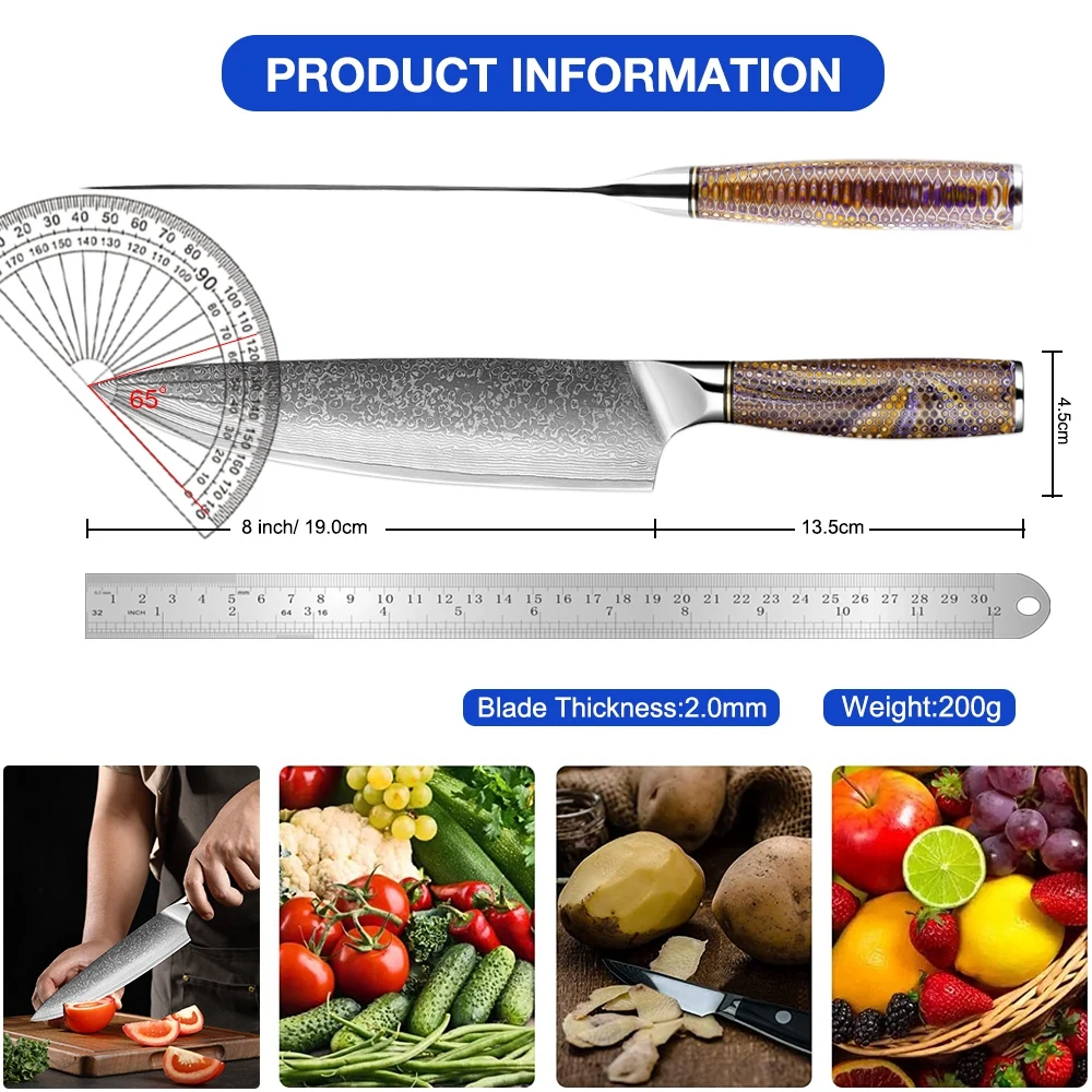 Damascus VG10 Stainless Steel Chef Knife 8 Inch Japanese Sharp Kitchen Knife Chopping Meat Cutting Knife Cooking Slicing Knives