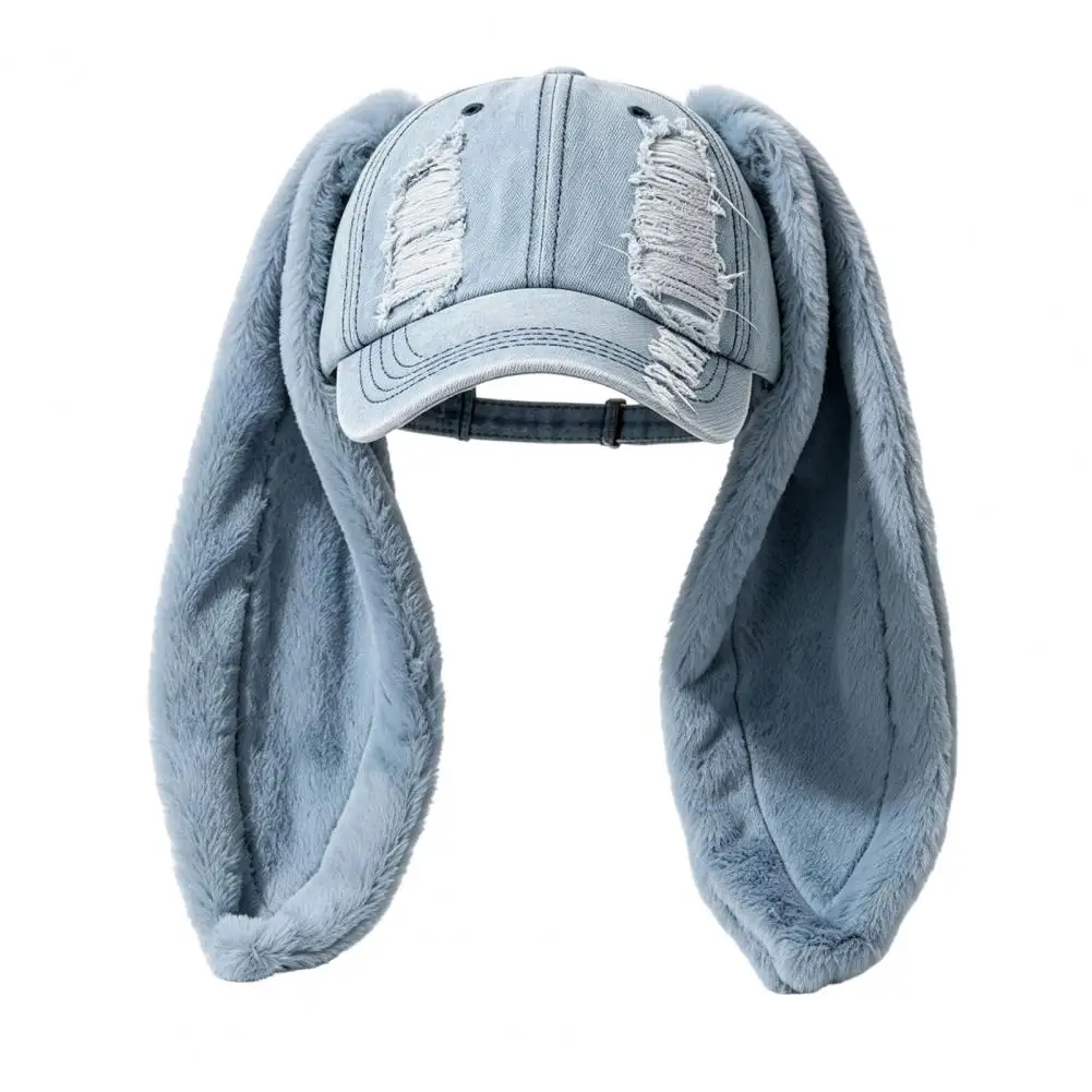 Baseball Cap with Plush Rabbit Ears Washed Lightweight Distressed Peaked Hat for Winter, Long Bunny Ear Baseball Hat 3