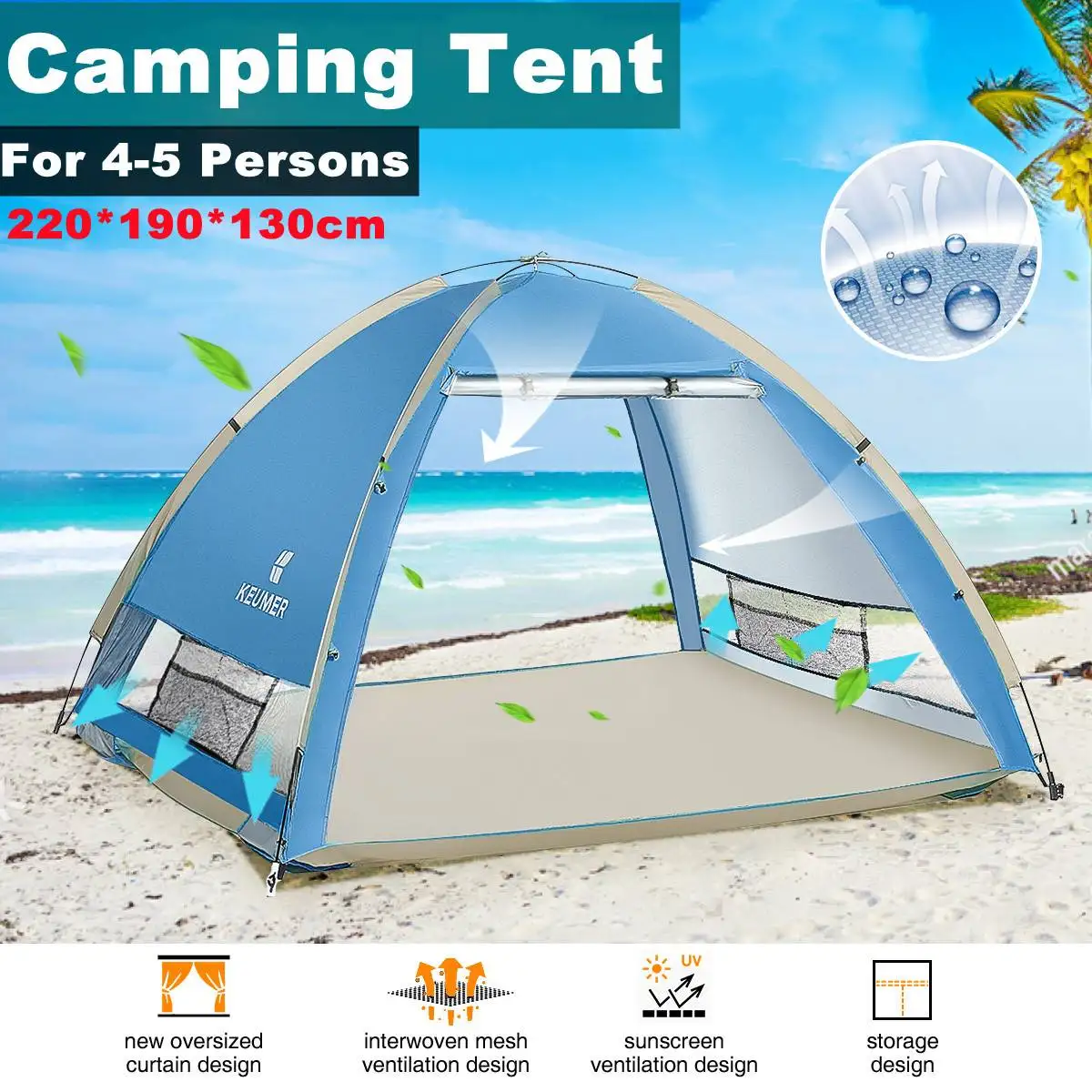 Automatic 4-5 People Single-door Speed-opening With Top Cover Double Beach Camping Picnic Multi-person Rainproof Camping Tent