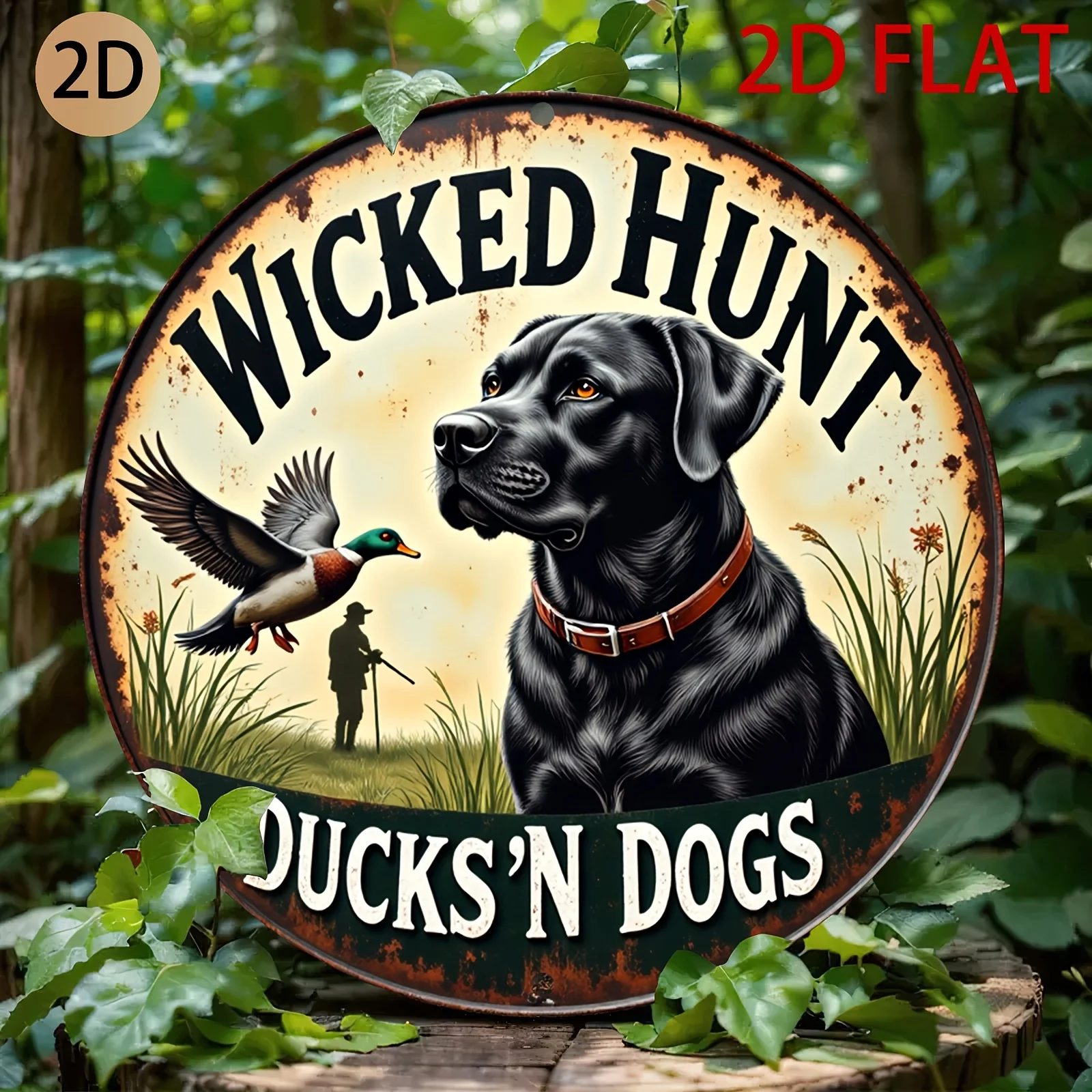 Vintage Hunting Cabin Decor - Circular Metal Wall Art Sign with Duck Hunting Dogs - Rustic Farmhouse Garage Decoration -