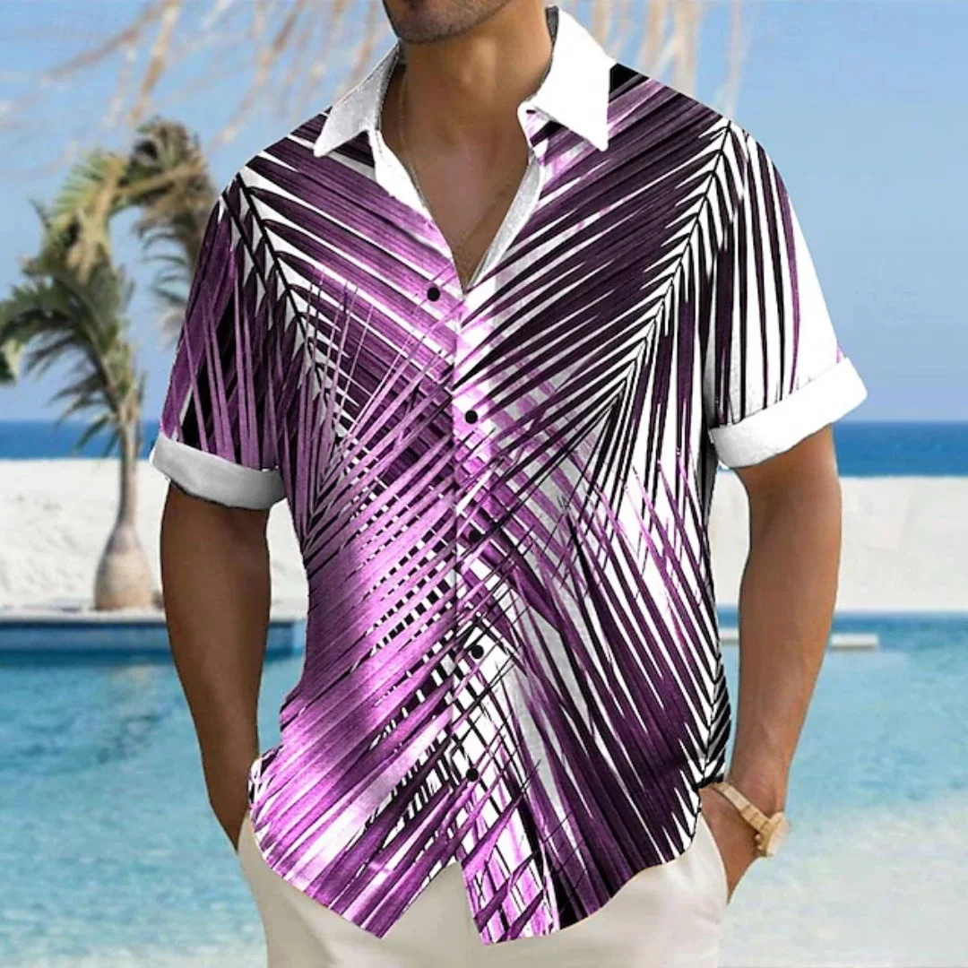 メンズシャツリーフグラデーションスタイル夏アウトドアファッション半袖トップスリーフプリントスタイル大きいサイズルーズ紳士服シャツ