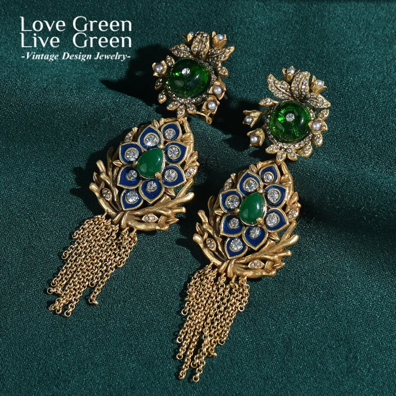 

Vintage Green Stone Flower Earring Long Tassel Drop Rhinestone Gold Color Quality Luxury Designer Antique Jewellery Gifts Party