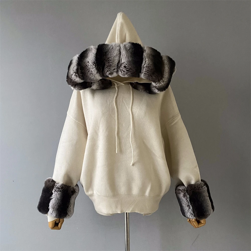 

Jxwatcher Women's Sweater Set with Real Rex Fur Collar and Cuffs Lady Spring Fall Wool Blend Knitted Pullover and Pants Fashion