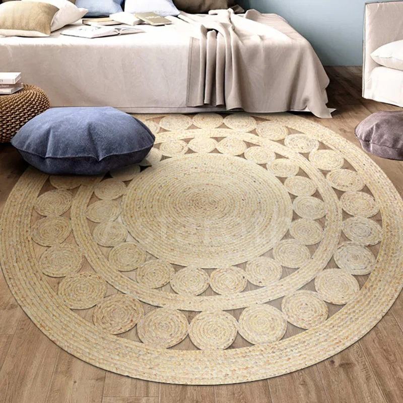 Round Woven Carpets Handmade 100% Pure Natural Jute Rugs for Bedroom Living Room Vintage Home Decor Natural Plants Floor Mats