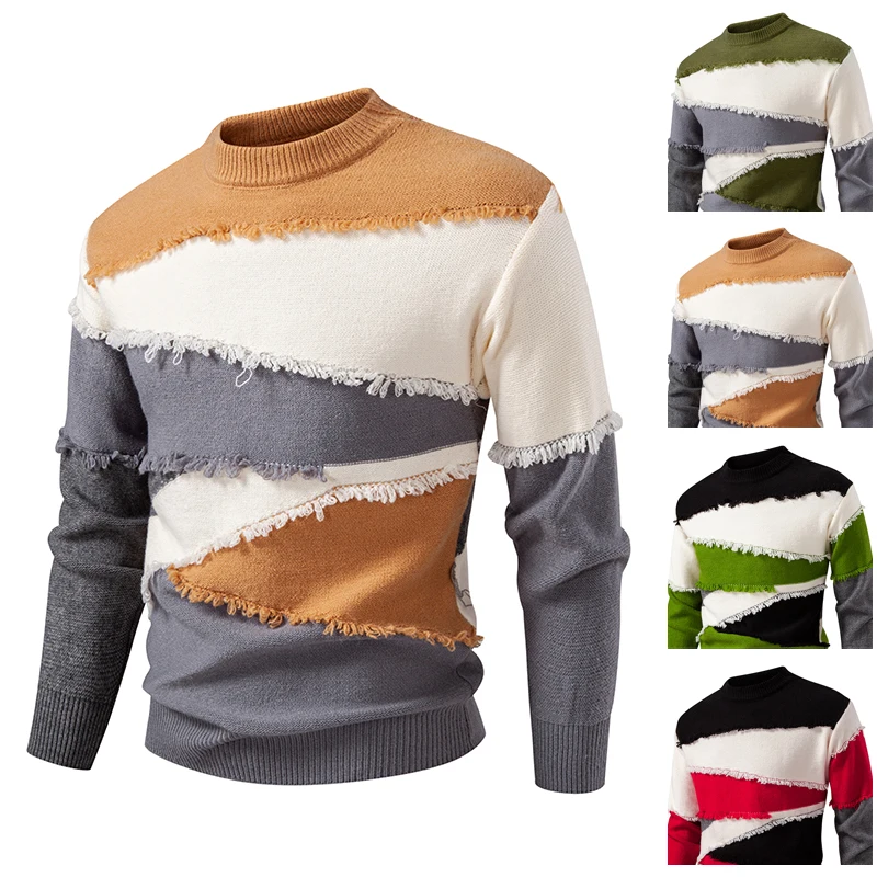 Herenkleding Kleding Truien Gebreide trui 2025, Vintage kwastje Patchwork Kleur Designer Herfsttruien Kersttruien Man trekt Homme