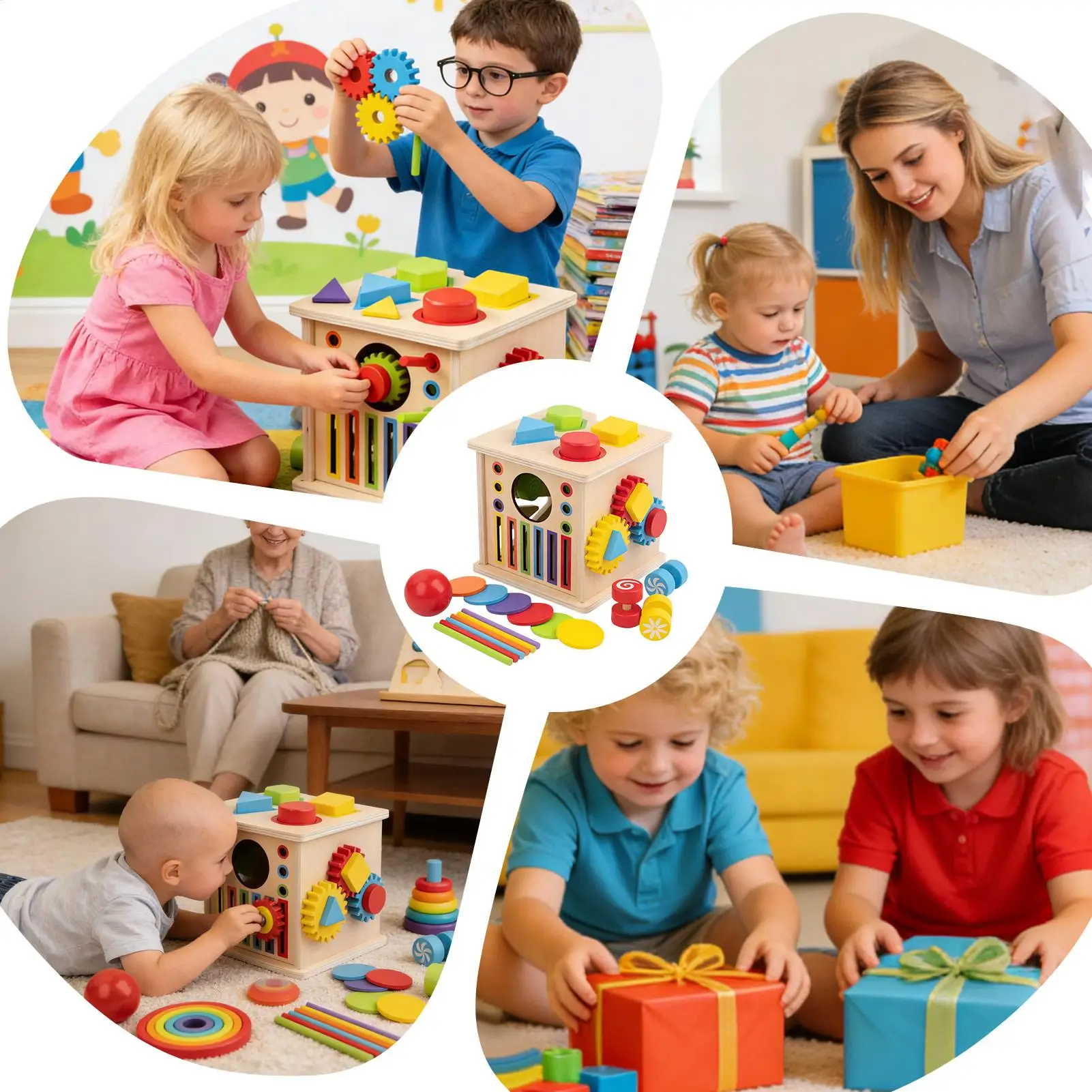 8 w 1 Zabawki edukacyjne Montessori Kostka sensoryczna Drewniane zabawki do sortowania kolorów i kształtów Zabawka edukacyjna typu fidget Skrzynia skarbów