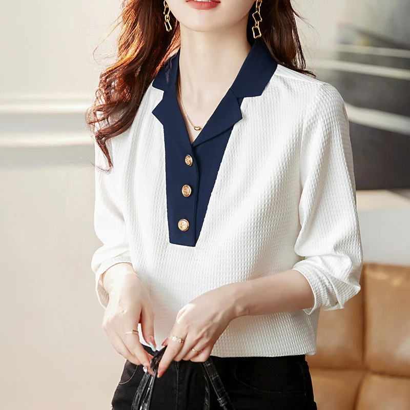 Spring Autumn New Contrast Color Blouse Women V-neck Fashion Long Sleeve Pullovers Elegant Button Patchwork All-match Chic Tops