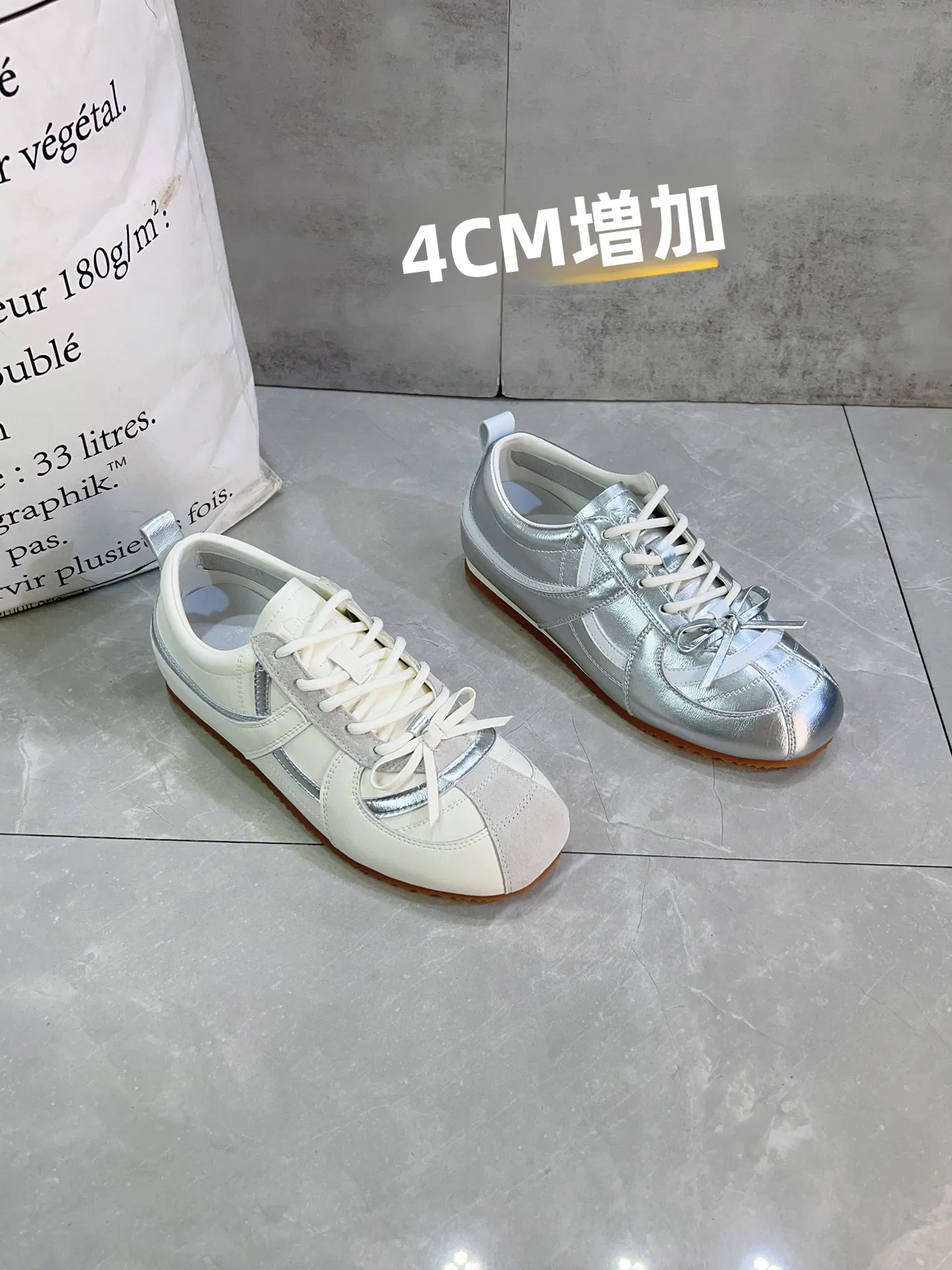 バレエスタイルの女性用カジュアルデキンシューズ、シルバー、インナーハイヒール、レジャースポーツ、フラットボトム、ラバーアウトソール、ラウンドトゥシューズ