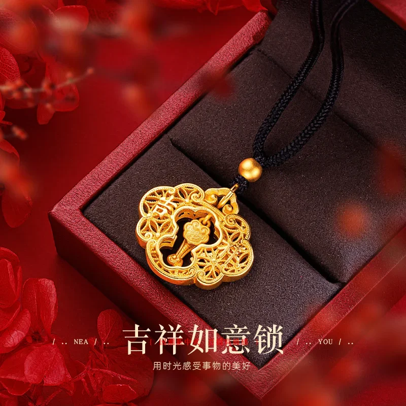 9999 Real Gold 24K Ethnic Style Hollow Long Life Lock Black Rope Necklace Flower Silk Pendant