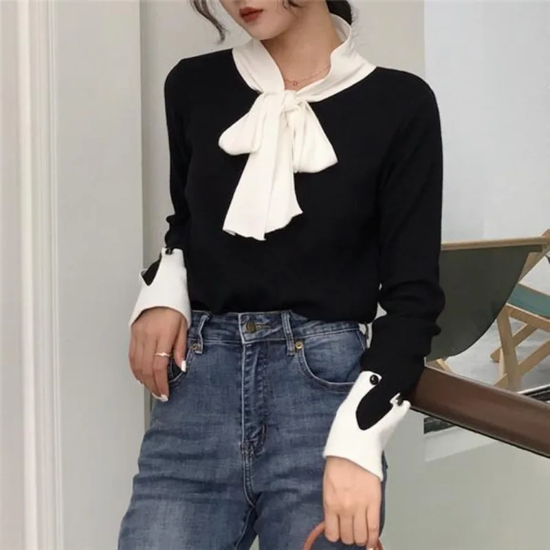 Women\'s Pullover Bow Neck ButtonAutumn and Winter New Long Sleeve Slim Knitwear Korean Elegant Vintage Underlay Sweater Tops