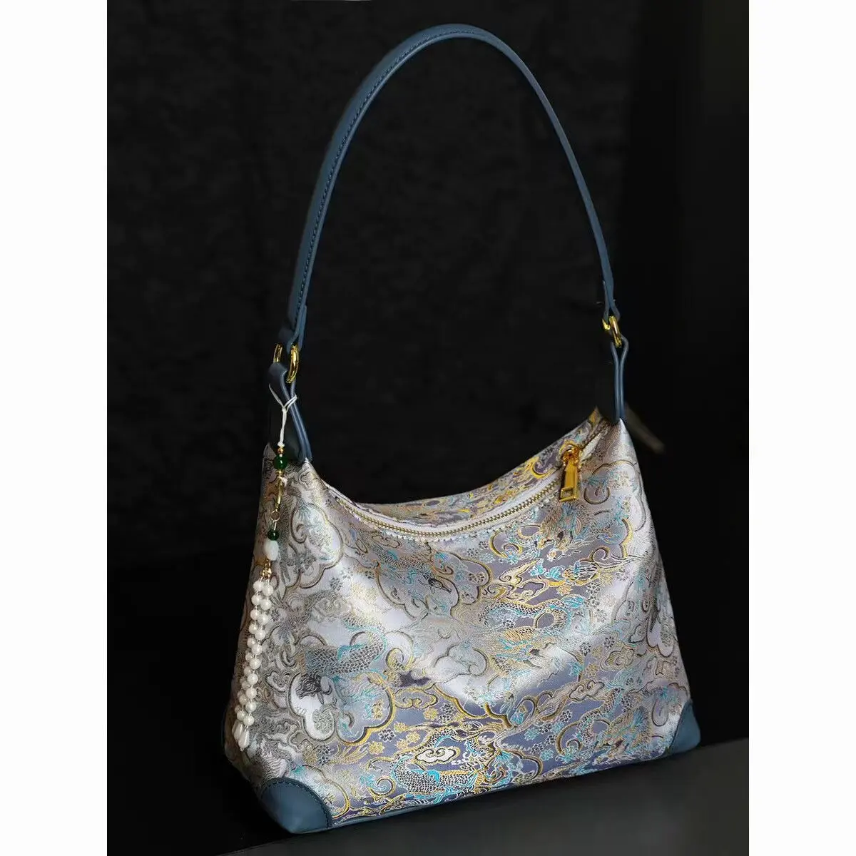 New Chinese style cloud dragon armpit tote bag blue gray collision leather tassel single shoulder commuting bag women's bag