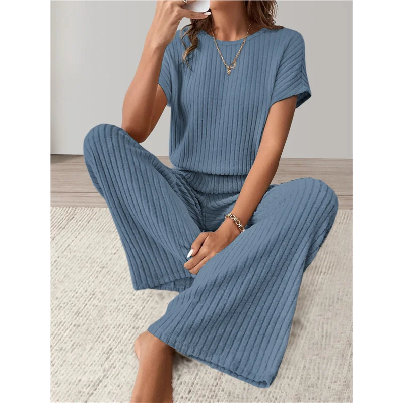 ABP-femmes décontracté été voyage vacances porter deux pièces costume à manches courtes jambe large pantalon costume décontracté