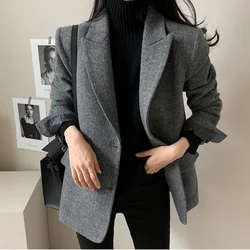 Wool Loose Women Blazer 2023 New Fashion Office Ladies Button Up Turn Down Collar Coats Vintage Long Sleeve Chic Jacket