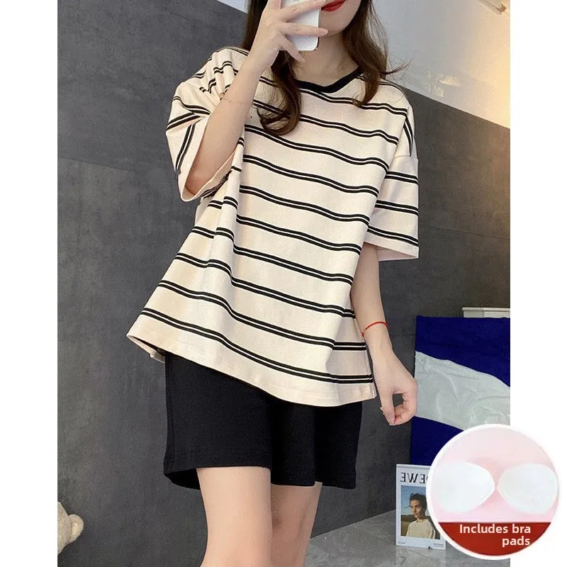 Thin Summer Sleepwear Set Women's Loose Home Clothes Striped Outerwear Popular Internet Red Chest Pad Included 2024 New Arrival