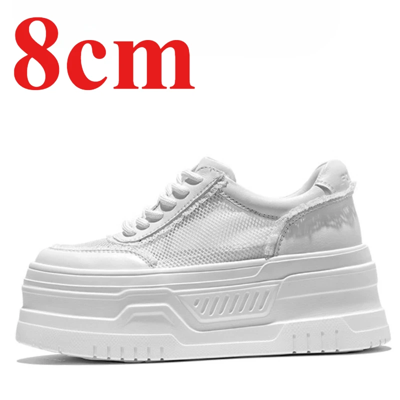 

Genuine Leather Mesh Thick Sole 8cm Platform Board Shoes for Women's Comfortable Breathable White Casual Height Increasing Shoes