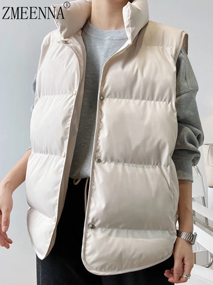 

ZMEENNA Stand Collar Sleeveless Single Breasted Solid Color Jackets For Women 2025 Autumn Fashion Female New Tops Wear ZM4053