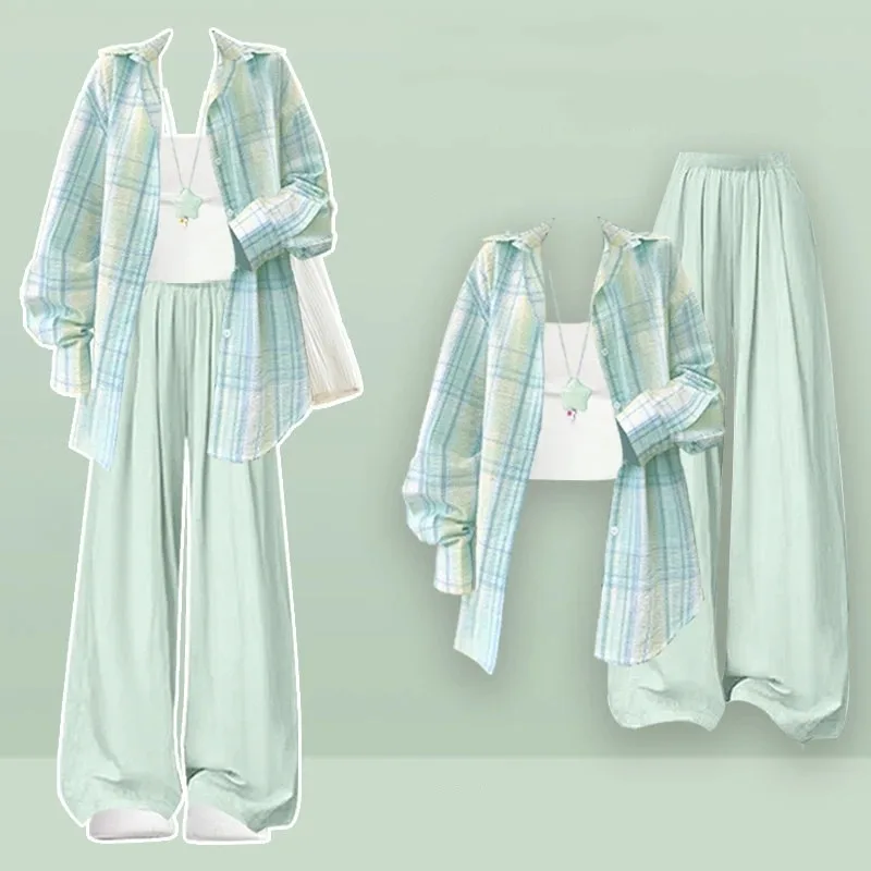 Women's Spring Autumn Plaid Shirts White Sling Wide Leg Pants 1 or Three Piece Set Lady Causal Blouse Vest Trouser Outfits 2026