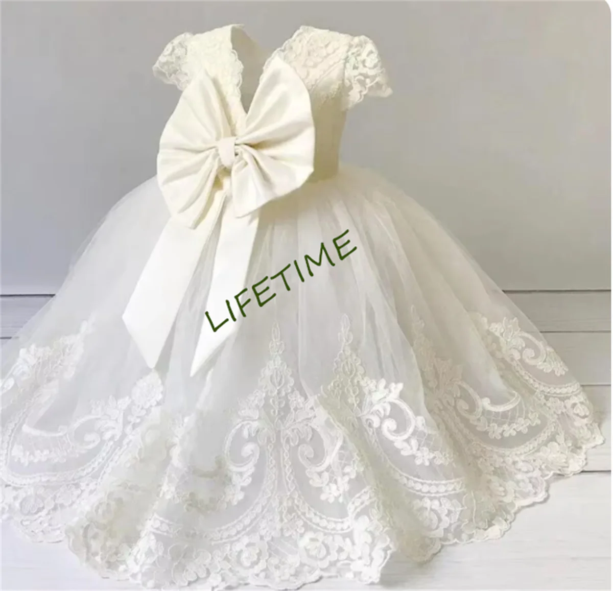 Vestidos personalizados para meninas, marfim, branco, mangas, renda, tule, cetim, laço, vestidos para meninas, aniversário, concurso