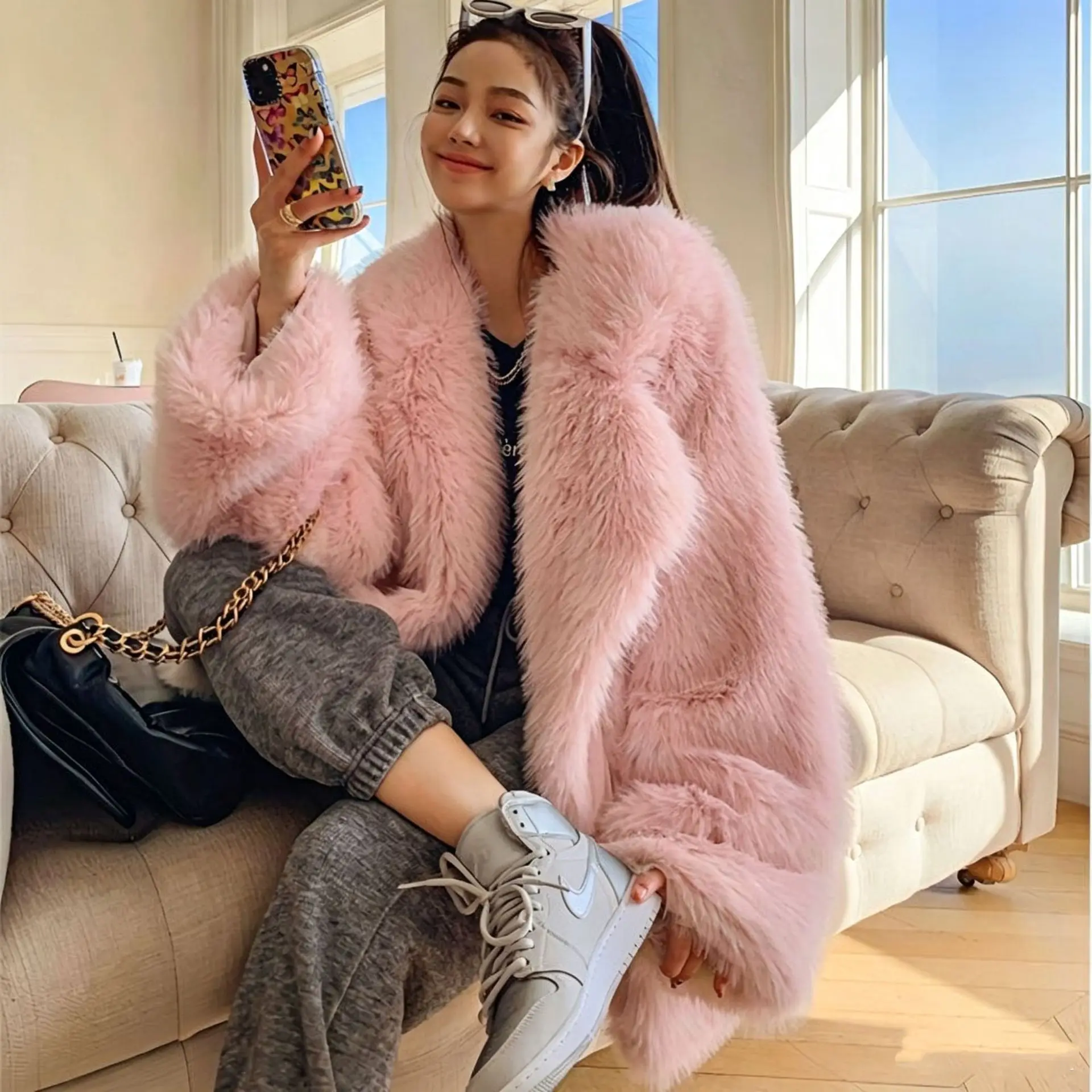 Yellow Faux Fur Coat for Women 2026 American Style Lapel Fluffy Plush Jacket High Street Loose Warm Winter Fashion Outerwear