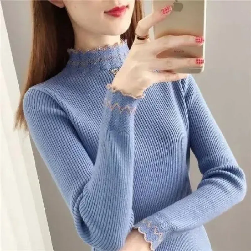 Women\'s Spring and Autumn New 2023 Fashion Half High Collar Lace Solid Color Long Sleeved Pullover Sweater Bottom Knitted Tops