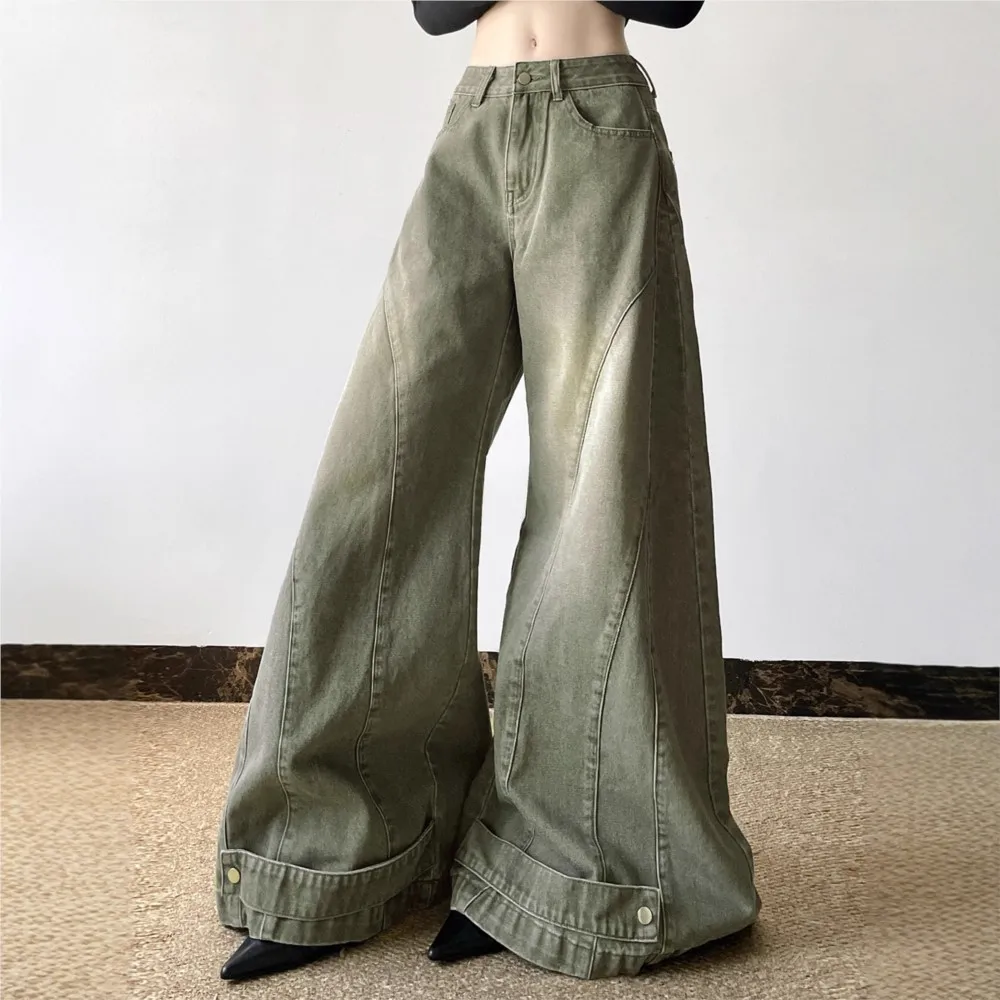 American Women's Clothing High Waist Flared Denim Trousers Retro Solid Color Loose Simple Street Style All-match Casual Trendy