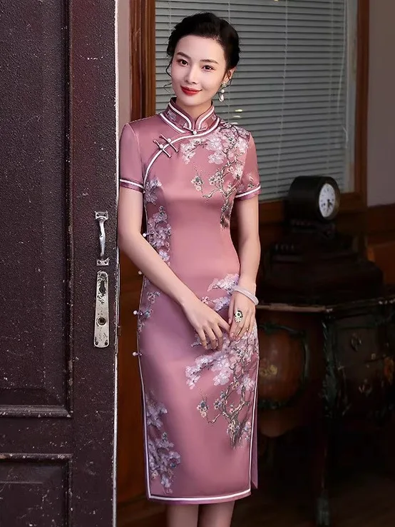 

Ele Summer ort Sve Midi Qipao for Middle-Aged Women anghai Sle Daily Wear Silk Polyester Fiber Low Slit Floral P...