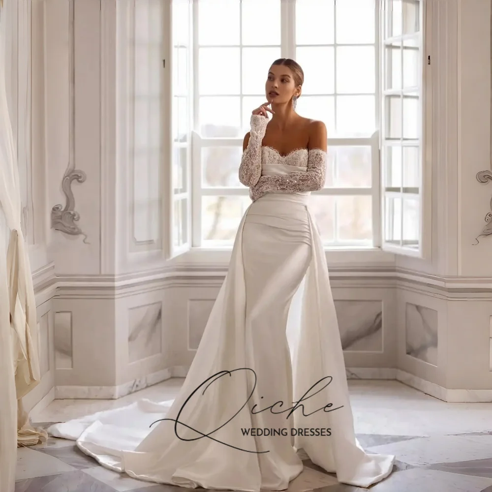 QICHE Elegant Lace Sequin Pleated Mermaid Long Dress Wedding Gowns Plain Long Train Buttons Beach Bridal Dress Customized 2026
