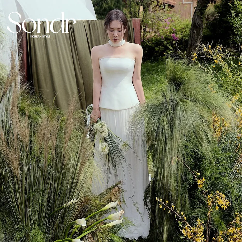 Sondr-vestidos de novia coreanos personalizados, sesión de fotos, satén sin tirantes y gasa plisada, vestidos de noche de boda sencillos
