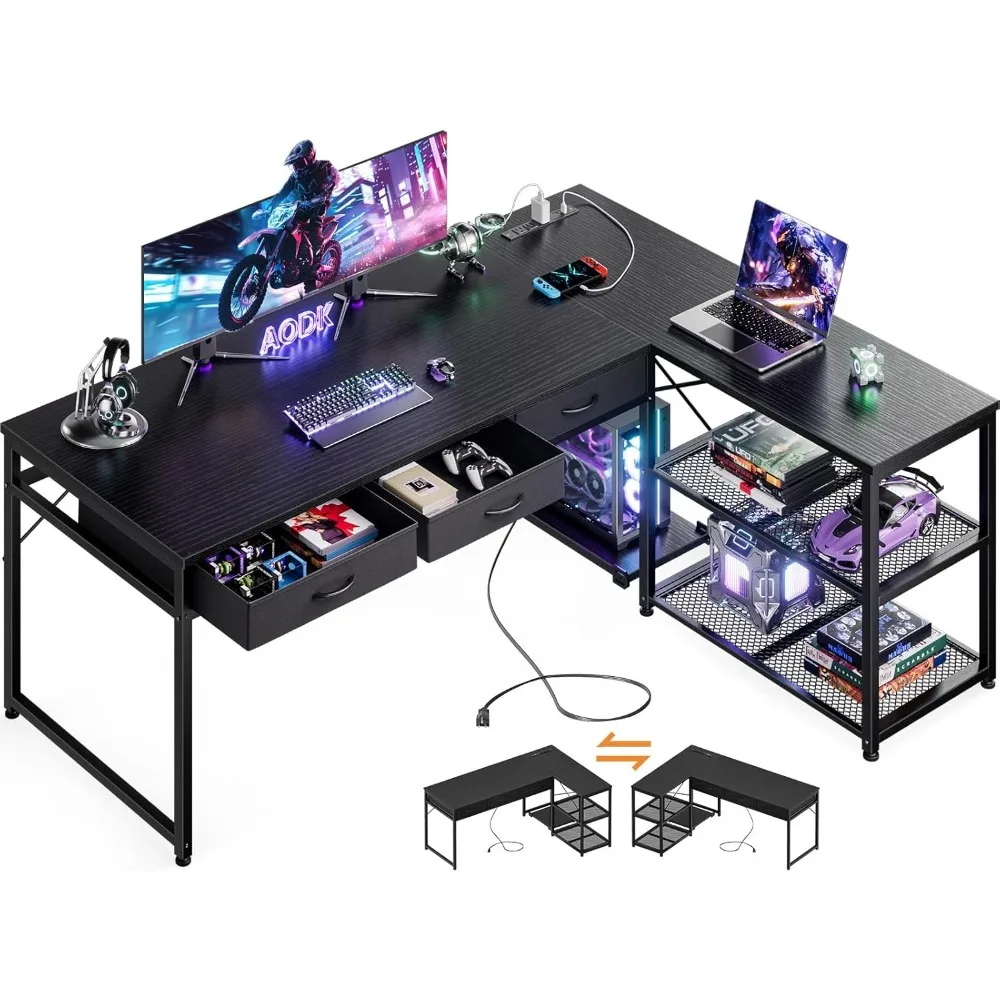 

61 Inch L Shaped Computer Desk with Drawers, Corner Desk with Power Outlets & Reversible Storage Shelves, Movable CPU Stand for