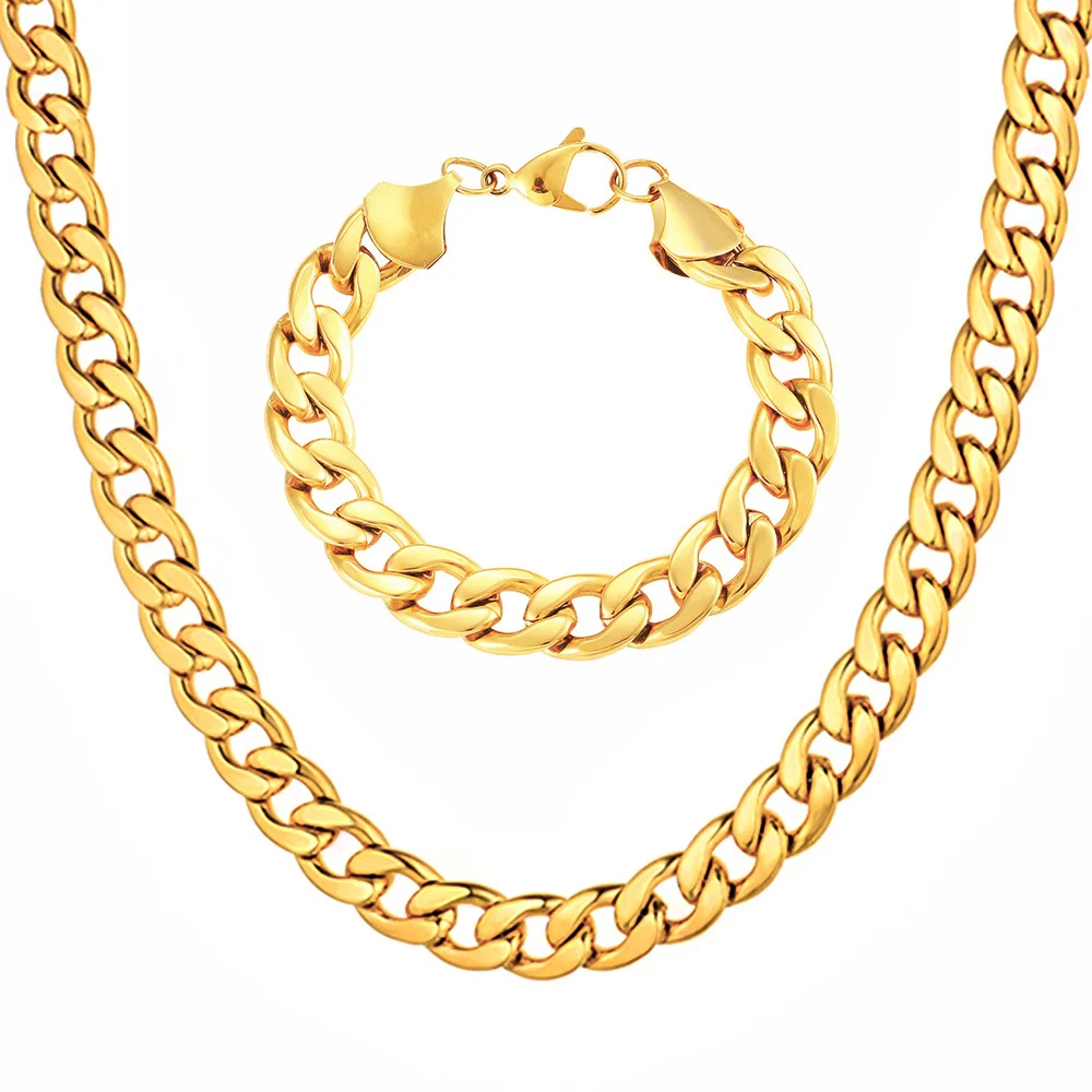 Punk Cuban Link Chain Necklace Bracelet Set Wholesale Male Gold Color Stainless Steel Chains for Men Dubai Party Jewelry Sets