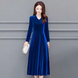 Autumn and Winter Women's Solid V-Neck Long Sleeve Slim Pullover Plus Size Mid Waist Retraction Fashion Casual Office Lady Dress