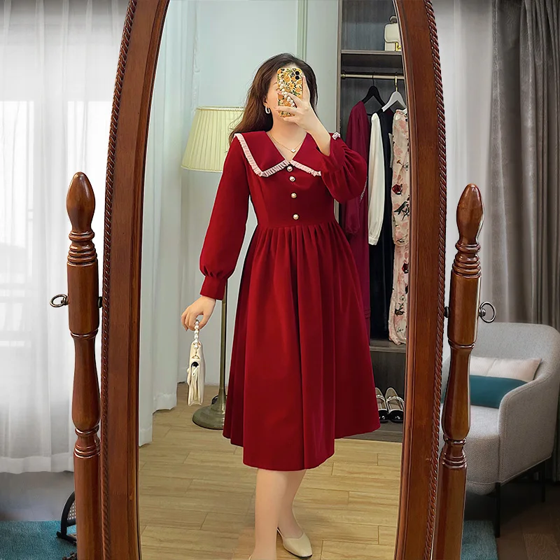 

Бархатная утягивающая юбка трапециевидной формы с высокой талией Dr Hide Belly Button Vintage Sle Long Sve V-Ne для женщин больших размеров, осенняя одежда