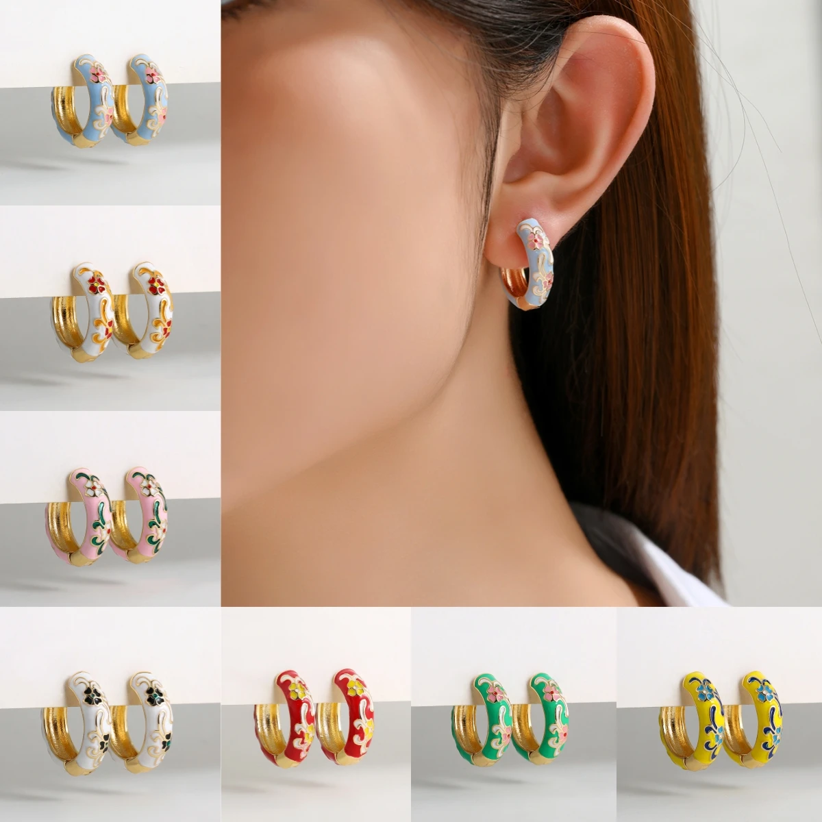 Vintage Colorful Enamel Flowers Huggies Earrings for Women Girls Gold Plated Round Circle Hoop Earrings Female Classic Jewelry