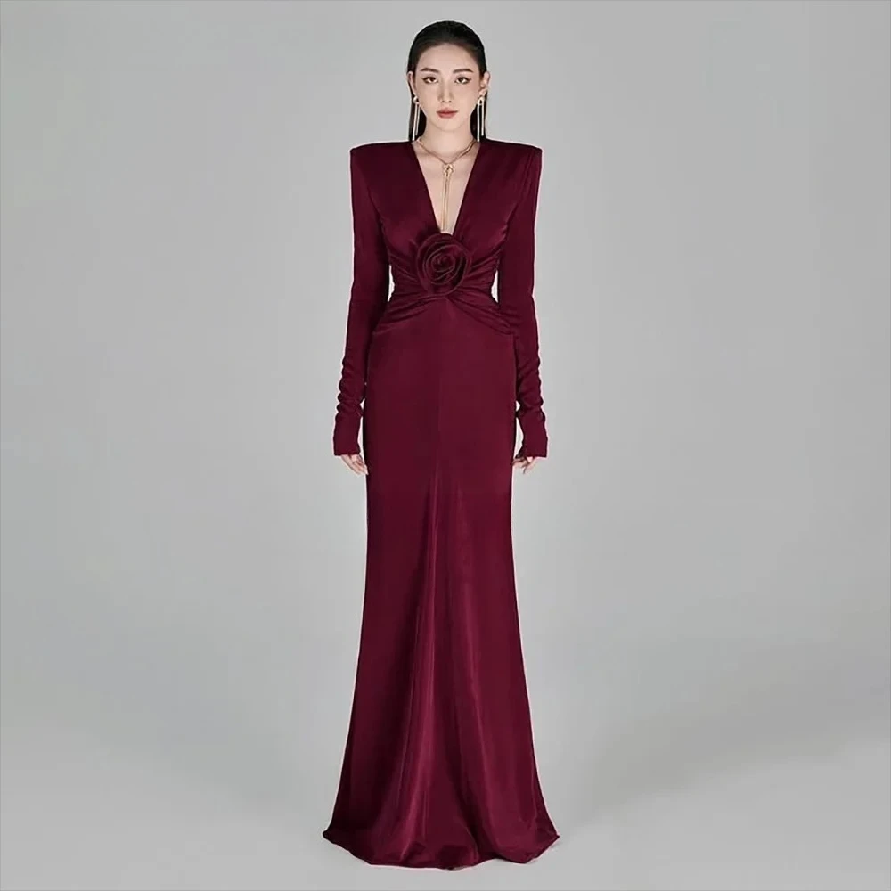 

Элегантное вечернее платье из велюра с длинными рукавами, V-образным вырезом, цветочными складками, длиной в пол, для торжественных случаев, в стиле русалка, для выпускного бала