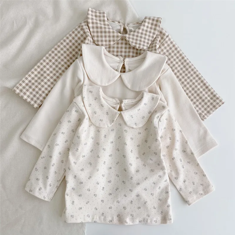 2025 Autumn and Spring Baby Base Shirt Cotton T-shirt Long Sleeved Plaid Small Floral Cute Baby Girl Comfortable Top Clothes