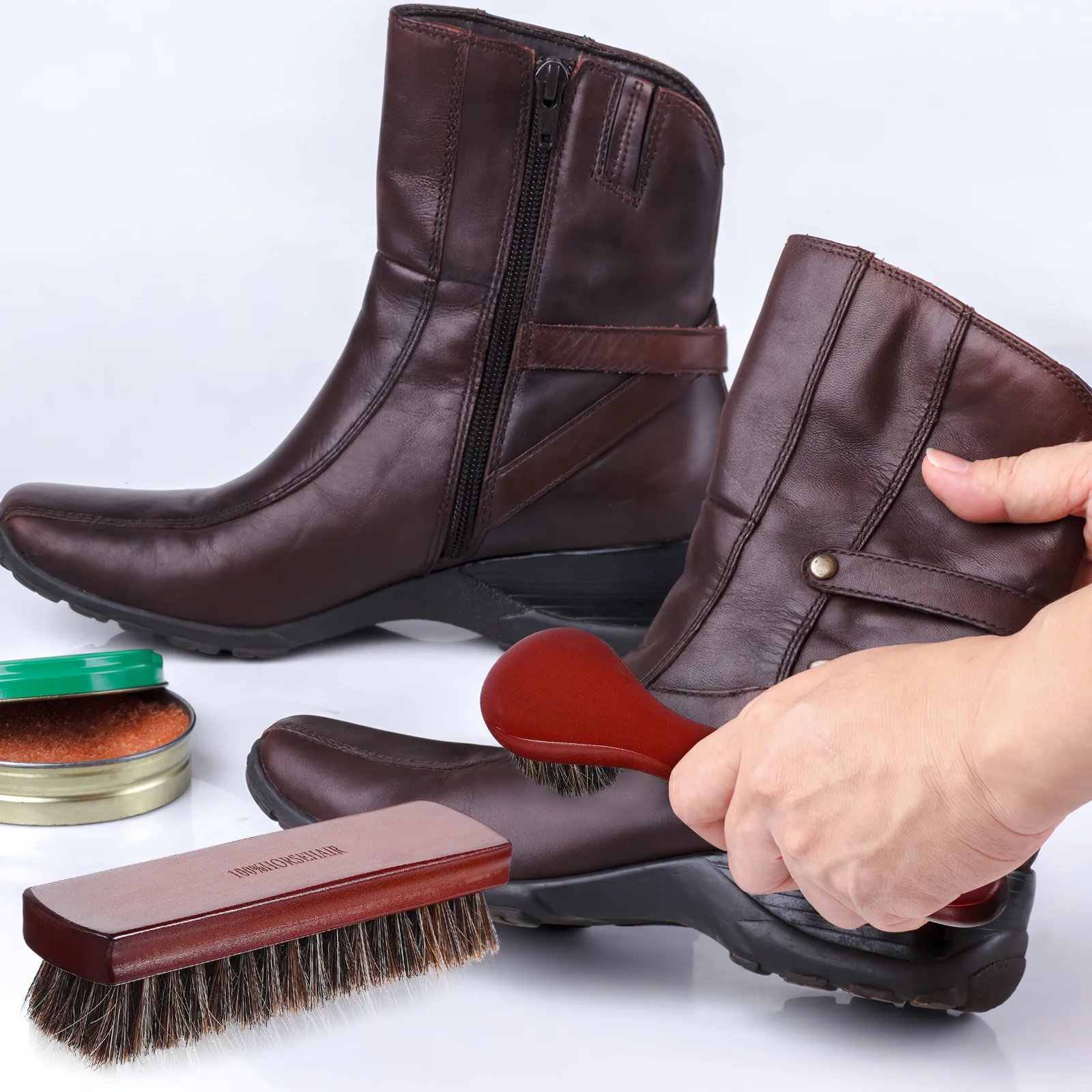 

2pcs Horsehair Shoe Brush for Cleaning Polish Boots Mane Scrubber Care Kit Durable Design Wooden Handle