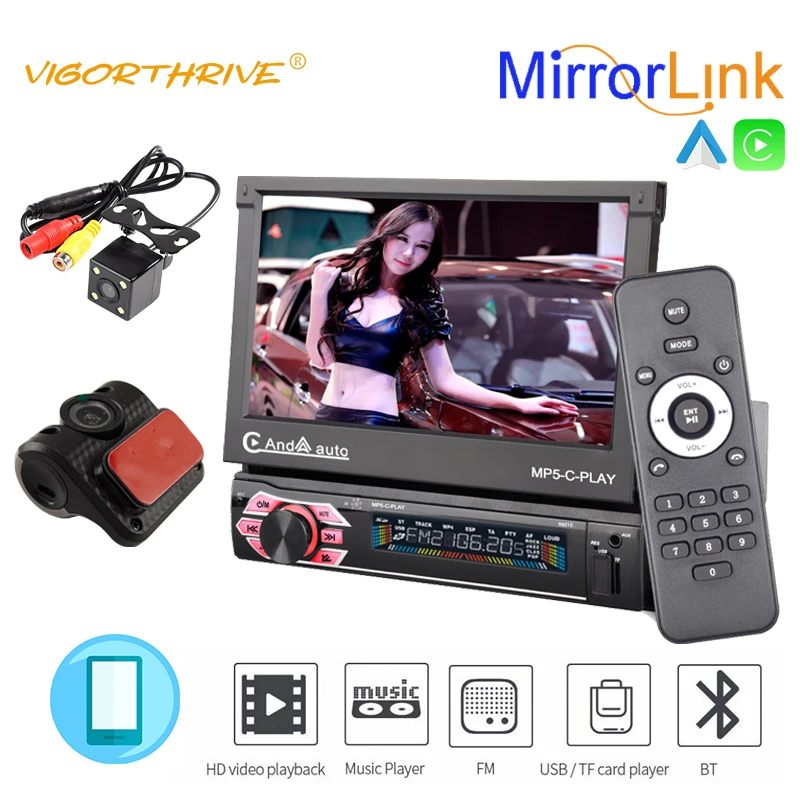 9601C 7 Inch Single Din Electric Telescopic Screen MP5 Player Wince BT4.2 FM USB TF AUX with Remote Control Car Stereo