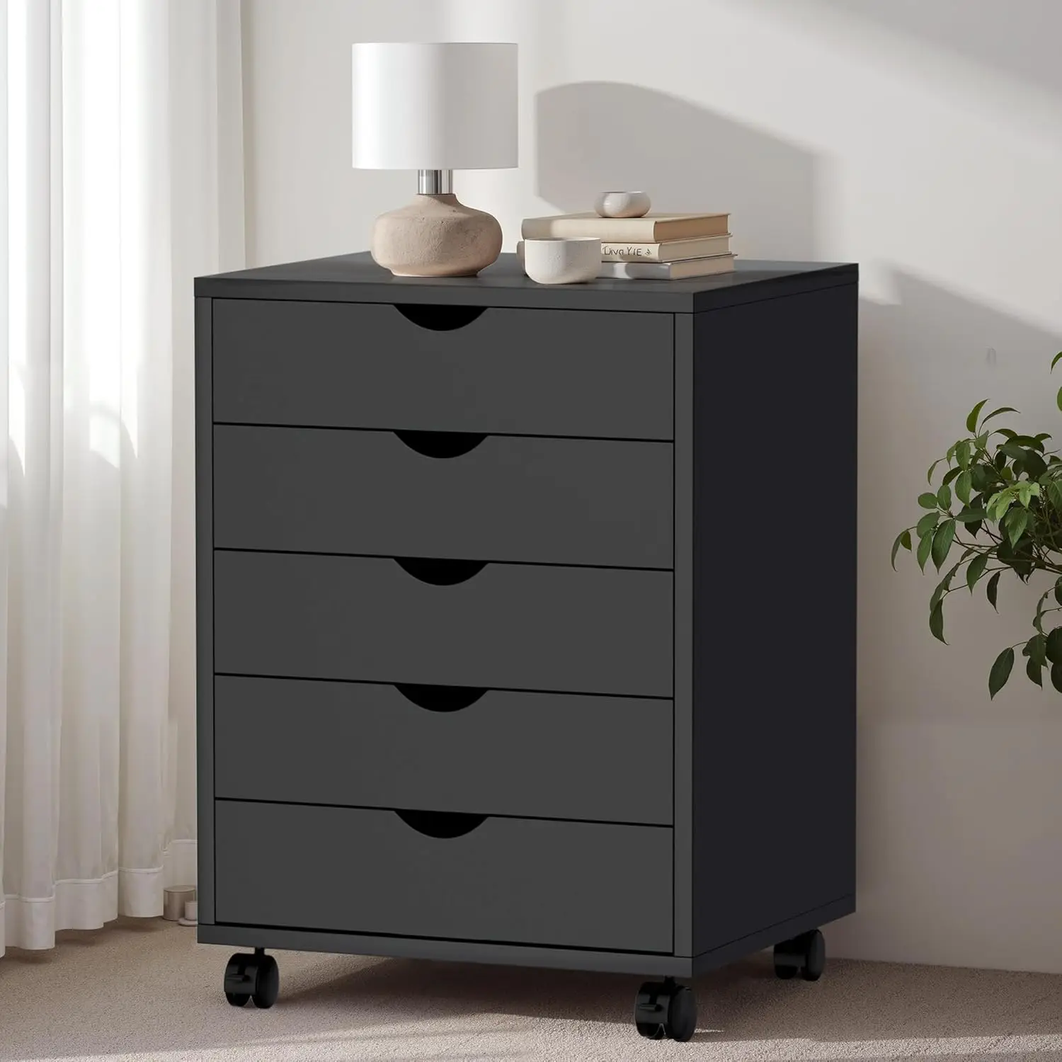 

5-Drawer Rolling Dresser Chest, Dark Black Wood Storage Cabinet for Bedroom Office Under Desk Organizer