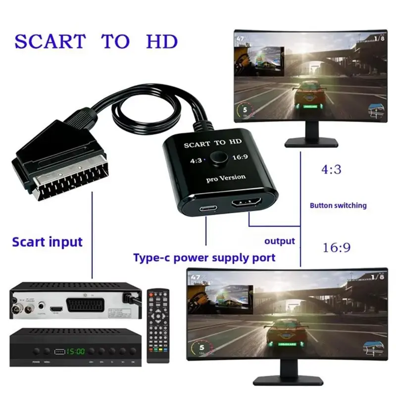 1080P SCART To -Compatible Converter Video Audio Adapter