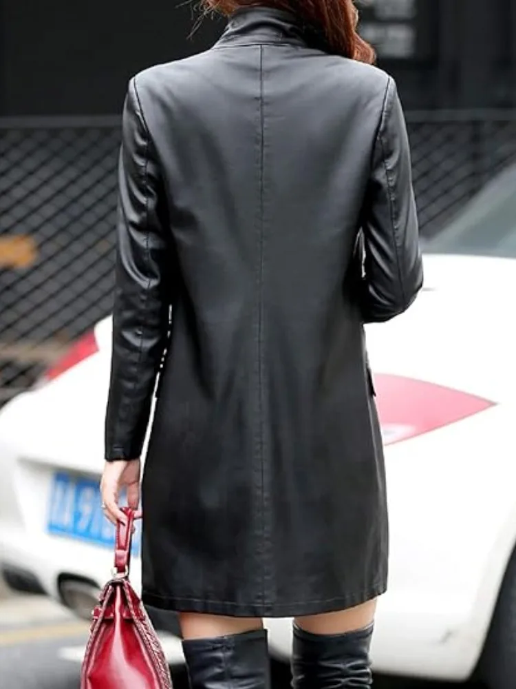 الربيع والخريف المرأة الجديدة البدلة الجلدية طوق معطف سترة بو منتصف طول سترة واقية من الجلد سليم عادية