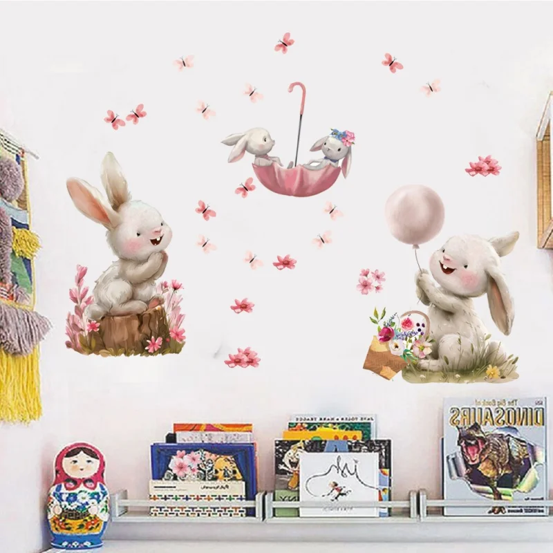 Cute Rabbit Mushroom Cloud Butterfly Wall Sticker Home Decal Cartoon Mural For Kids Bedroom Nursery Toddler Playroom Decoration