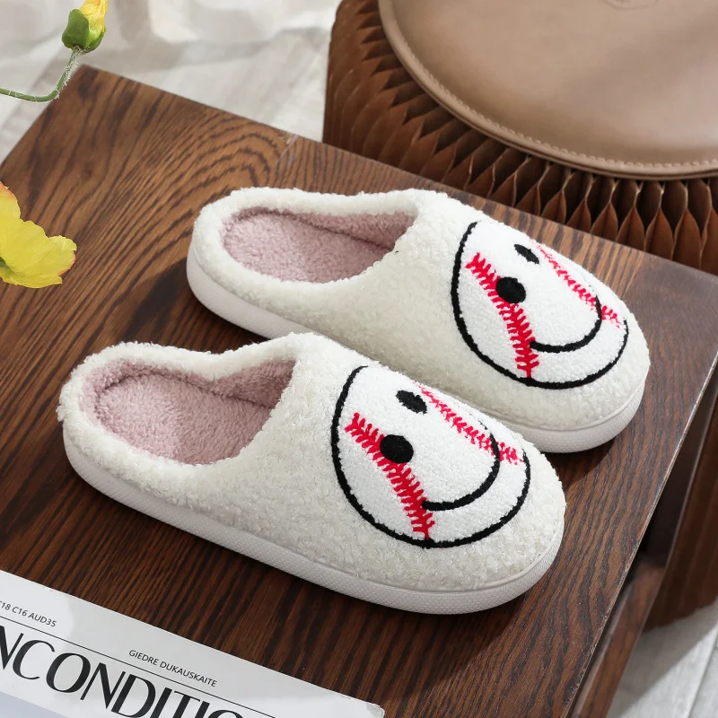

Baseball Smile Embroidered Cotton Slippers, Cozy Winter House Shoes for Couples, Men and Women, Non-Slip Plush Indoor Home